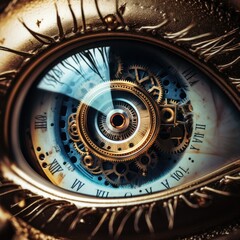 A close up of an eye with a clock inside of it. Generative AI.
