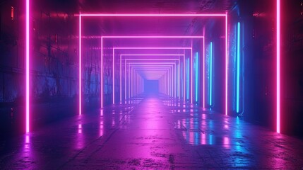 Abstract neon ultraviolet background, 3d render. Interior of  nightclub,tunnel,corridor with concrete walls.Modern laser sci-fi room, visual cyber space, music background. 