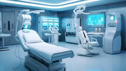 A hospital room with a bed, monitor, and other medical equipment. Generative AI. - obrazy, fototapety, plakaty