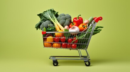 A shopping cart filled with lots of vegetables. Generative AI.