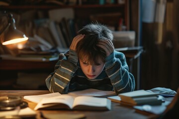 13 years boy studying at desk, head in hands --ar 3:2 --v 6 Job ID: 5f09a77d-6b0b-4541-a154-55f0e187eebd