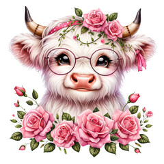 Cute illustrated cow with a pink bow, surrounded by roses, gifts, and chocolate-covered strawberries, evoking a feeling of love and sweetness.
