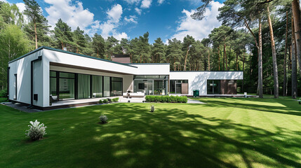 Fototapeta na wymiar Modern rectangular detached house with a large backyard in a forested area. Ai Generative