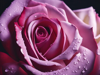 Pink rose on a dark background. Close-up details. Water droplets and dew. Wedding, anniversary, love and affection. Isolated against clean background.