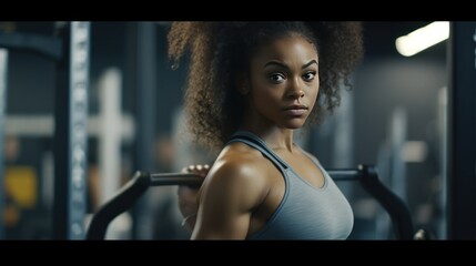 Fitness, weightlifting and barbell with black woman in gym for workout, strong and muscle. young fit african american woman doing sit ups in fitness studio at the gym - obrazy, fototapety, plakaty