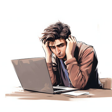 Person looking stressed and overworking on a laptop isolated on white background, hand drawn, png
