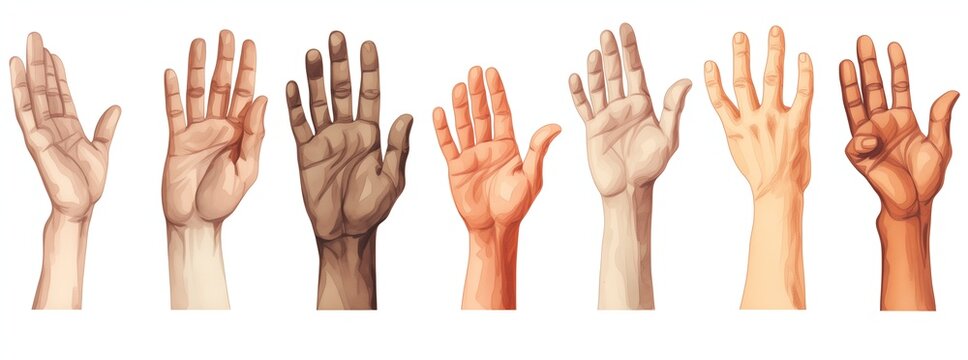 Sequence of hands drawings, illustration of hand anatomy in different positions, symbol of peace, brotherhood, equity, all men are equal whatever their skin color, isolated on white background