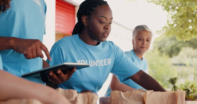 Volunteering, Group Of People And Tablet For Food Donation, Community Service And Poverty Support With NGO Checklist. Nonprofit Manager, Teamwork And Groceries Bag For Distribution Or Charity Project