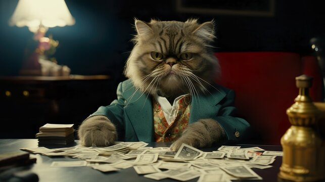 Finanzkatze im Anzug betrachtet ihr Verm&ouml;gen