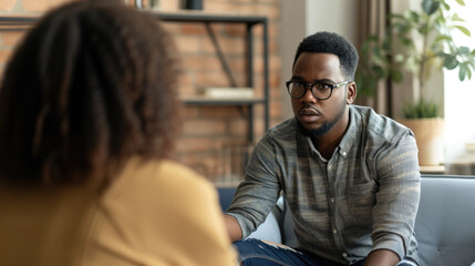 Portrait of African American insightful psychologist providing therapy to a client