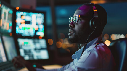 Portrait of African American skilled air traffic controller managing flights in a control tower - obrazy, fototapety, plakaty