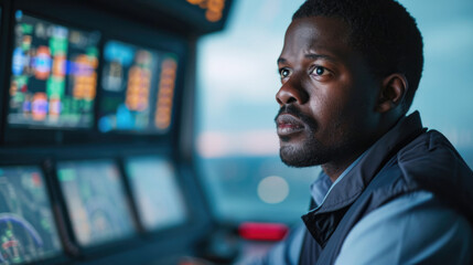 Fototapeta premium Portrait of African American skilled air traffic controller managing flights in a control tower
