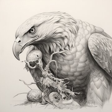 Pencil sketch eagles snake eating image Generative AI
