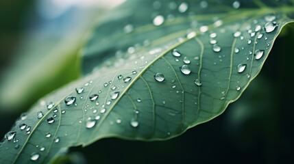 An up-close portrayal of a rain-kissed leaf, with a focus on the glistening droplets and the soft