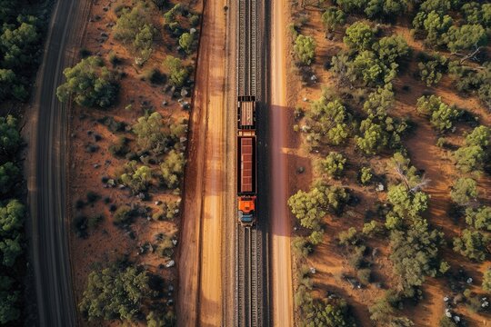 Aerial image showing a road train driving on the Tanami Road 