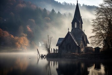 Obraz premium Serene view of a traditional landscape. small chapel standing proudly at the crossroads