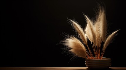 tan pampas grass in the dark background, advertising banner, beauty, wheat, minimal