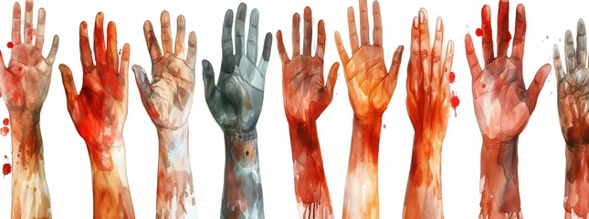 Deurstickers Series of hands, hand-drawn and painted sketch, watercolor  and pencil illustration of hands of various skin color and ethnic origin, color study for anatomy academic drawing with red paint stains © Muriel