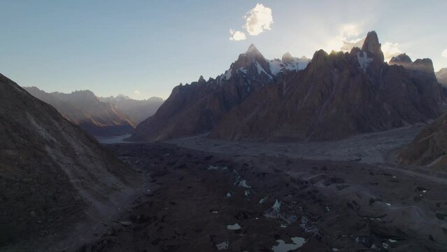 Aerial view of Karakoram mountains view from Khobutse camp at sunset,K2 trekking, Karakoram mountains range in northern Pakistan