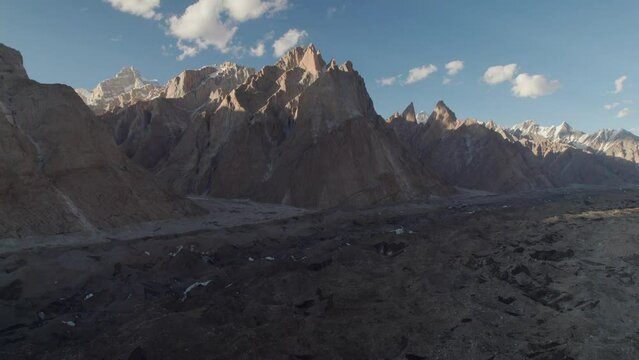 Aerial view of Karakoram mountains view from Khobutse camp at sunset,K2 trekking, Pakistan, Asia