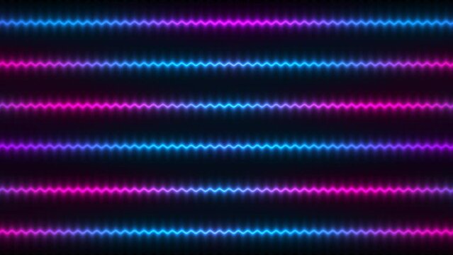 Movement of abstract neon zigzag lines of lights. Flow of wave horizontal stripes. Abstract bright background.