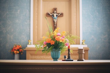 church altar with a crucifix and altar flowers set