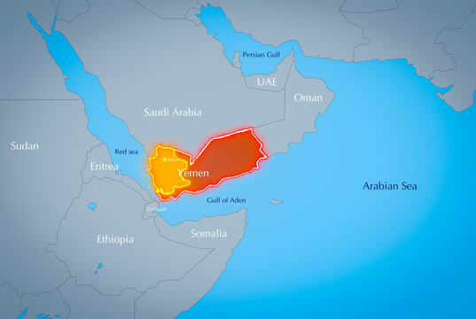 Map of Yemen and surrounding countries, conflict in the Red Sea.