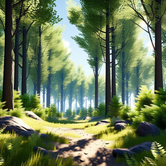 Fototapeta na wymiar Tranquil Woodland Landscape with Green Forest and Sunlight