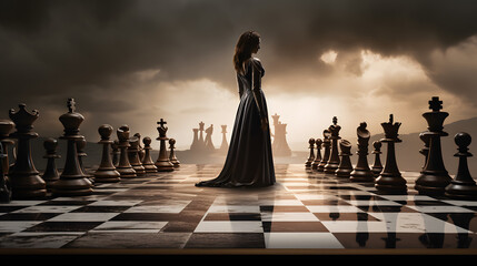Defeat chess king from a black queen on a chessboard - obrazy, fototapety, plakaty