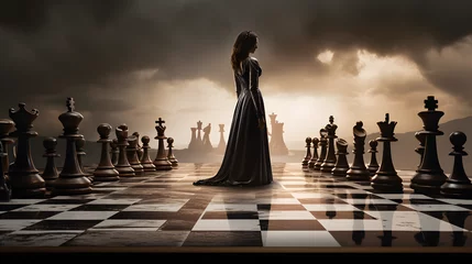 Fotobehang Defeat chess king from a black queen on a chessboard © Black