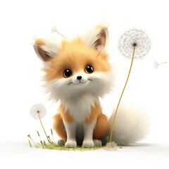 Obraz premium fox and dandelion 3d cute character modern illustration on white background