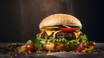 Delicious fresh cheeseburger with old grey background