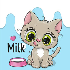 Cute Cartoon Kitten with a plate of milk