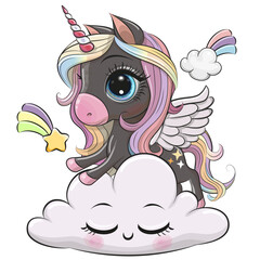 Cute Cartoon Unicorn is lying a on the Cloud