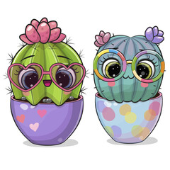 Two Cute Cartoon Cacti with glasses