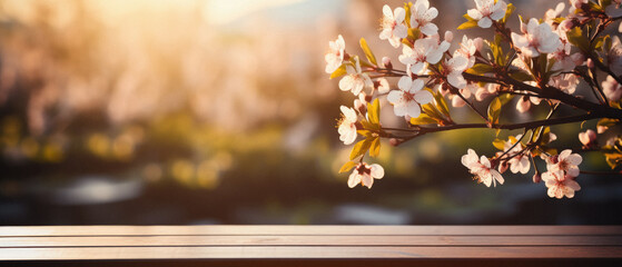 Wooden table spring nature bokeh background, empty wood desk product display mockup with green park sunny blurry abstract garden backdrop landscape ads showcase presentation. Mock up, copy space.