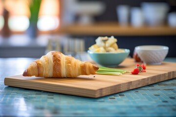 cultured butter-filled croissant sliced on bamboo board