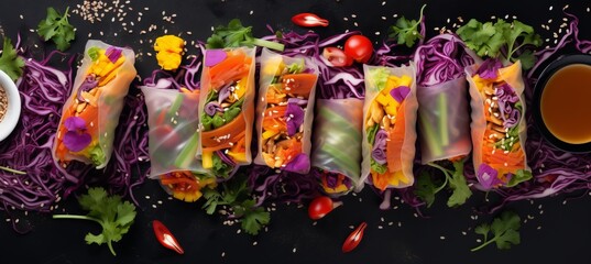 Delicious vegetarian vietnamese spring rolls with free copy space, perfect for vegan food concept