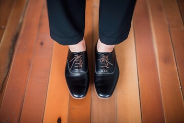 tap dancers feet closeup, black shoes on wooden floor - Powered by Adobe