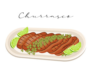 Grilled Brazilian meat with lime, Churrasco, Latin American cuisine. National cuisine of Brazil. Food illustration, vector