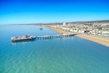 Aerial view of the Victorian Palace Pier in Brighton, a popular attraction at this popular resort...