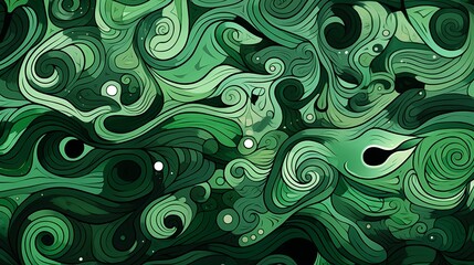Abstract lineart  background with waves and splashes in green and black colors. AI generative.