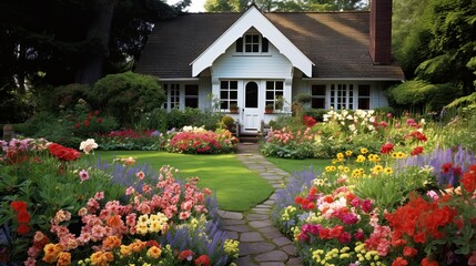Charming, floral haven, cottage garden, blooming flowers, profusion, vibrant, tranquil, blossoming. Generated by AI.