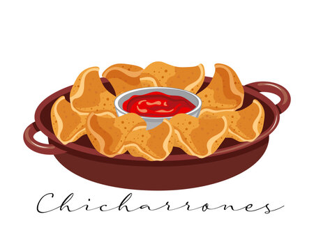 Grilled pork skin, Chicharrones, Latin American cuisine. National cuisine. Food illustration, vector