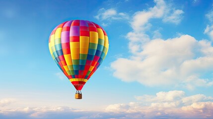 Fototapeta premium Picturesque, vibrant hot air balloon, floating, clear azure sky, tranquil, airborne, serene. Generated by AI.