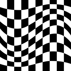 Black and white seamless checker pattern vector illustration. Wavy chess board. Abstract checkered checkerboard for game. Grid geometric square shape. Race flag. Retro mosaic floor