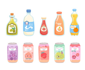 Bottles and cans of drinks flat vector illustration isolated on white background. Soda, juices, fruit cocktails, milk, oil, ketchup in glass and plastic packagings and aluminum tins
