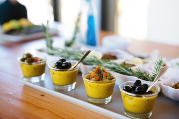 fava dip in mini serving cups for a tasting event - obrazy, fototapety, plakaty