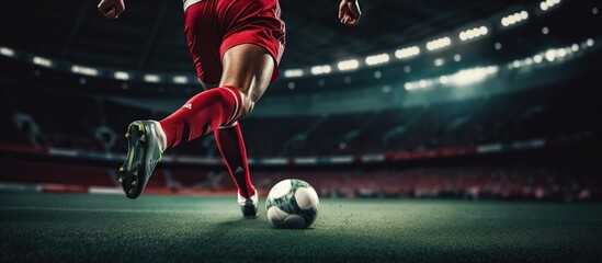 Photo shot of legs Soccer player running dribbling after the ball in stadium soccer - obrazy, fototapety, plakaty