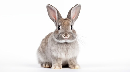 Alert Grey Rabbit With Lush Fur and Upright Ears Against White Background